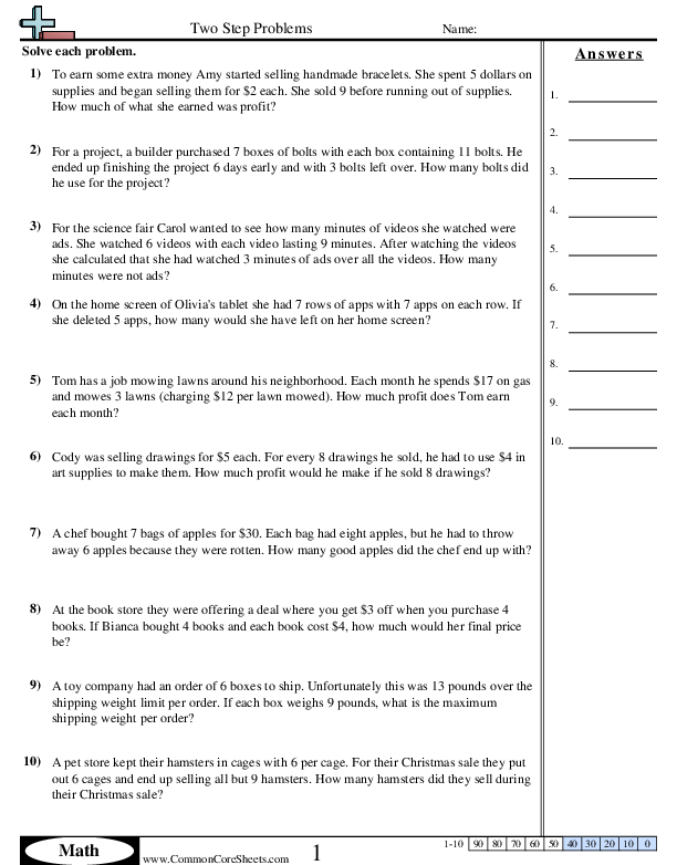 Multistep Worksheets - Two Step Problems (Multiply then Subtract) worksheet